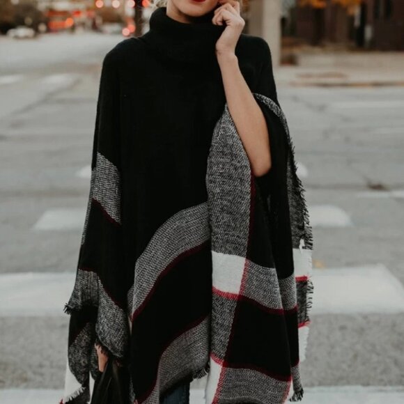 CLASSIC womens plaid print oversized Pullover Ponc - Picture 2 of 9